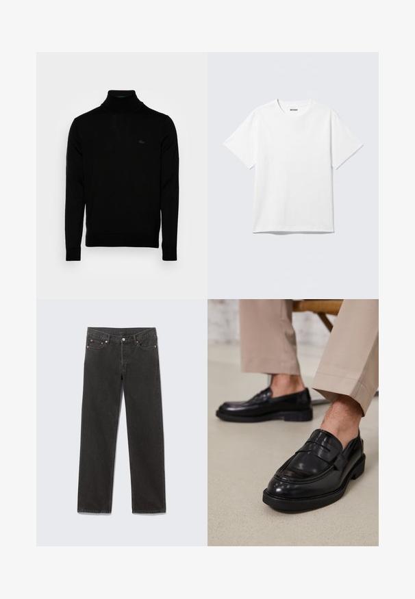 Čierny rolák, rebrovaná textúra, dlhé rukávy, priliehavý strih, diskrétne logo Lacoste na hrudi, stredne ťažký pletený materiál.; Biely krátky rukáv tričko s okrúhlym výstrihom, na rovine, jednoduchý dizajn, so štítkom "WEEKDAY" vo vnútri goliera na svetlom pozadí.; Čierne džínsy so strihom rovnej nohy, prednými vreckami, očkami na opasok a zapínaním na gombík, položené na sivej podložke.; Čierne kožené poltopánky s hladkým povrchom, so zdobným remienkom a kontrastným prešívaním, skombinované s béžovými nohavicami.