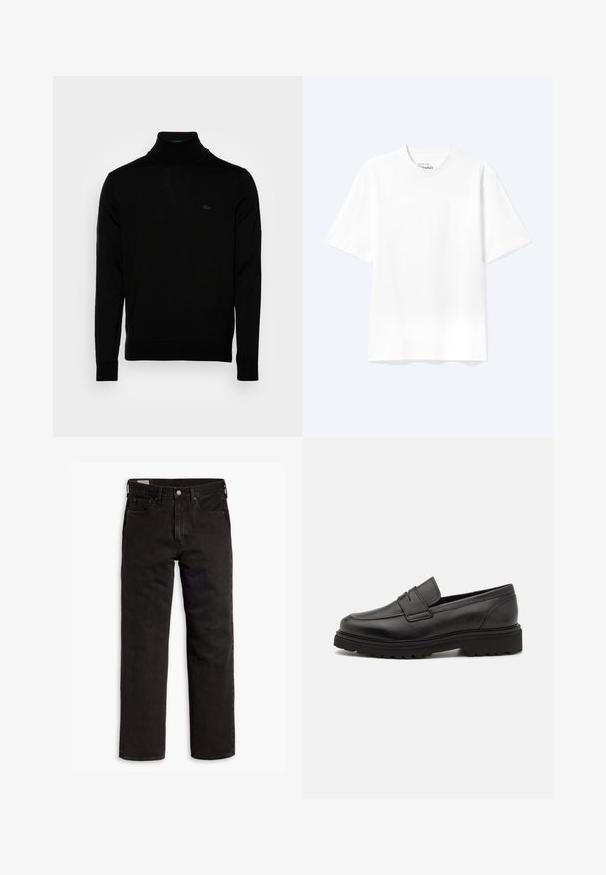Suéter negro de cuello alto, textura acanalada, mangas largas, diseño ajustado, sutil logo de Lacoste en el pecho, material de punto de peso medio.; Camiseta lisa blanca de manga corta y cuello redondo con un corte relajado, mostrada sobre un fondo claro.; Vaqueros de mezclilla negros de pierna recta con cinco bolsillos, cierre de botón y trabillas para cinturón, dispuestos sobre un fondo blanco.; Mocasín de cuero negro con punta redonda, detalles de costura y suela gruesa y texturizada. Presenta un diseño elegante y minimalista.