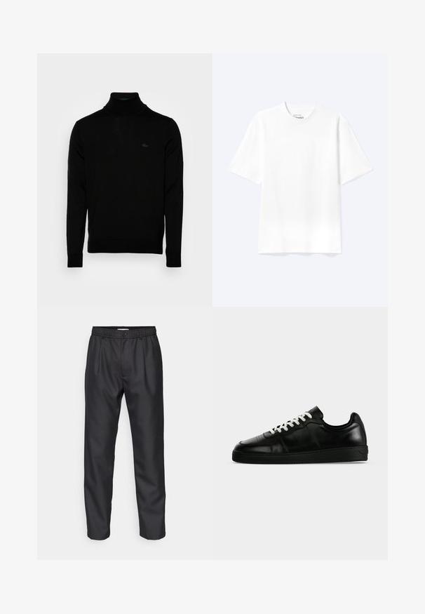 Čierny rolák, rebrovaná textúra, dlhé rukávy, priliehavý strih, diskrétne logo Lacoste na hrudi, stredne ťažký pletený materiál.; Jednoduché biele tričko s krátkym rukávom a okrúhlym výstrihom v uvoľnenom strihu, zobrazené na svetlom pozadí.; Čierne nohavice vyrobené z hladkej látky, s elastickým pásom, prednými záhybmi a rovnými nohami. Jednoduchý dizajn bez viditeľných vzorov.; Čierny nízky kožený teniska s bielymi šnúrkami, plochou čiernou podrážkou a jemnými švami, zobrazený z bočného profilu na sivom pozadí.