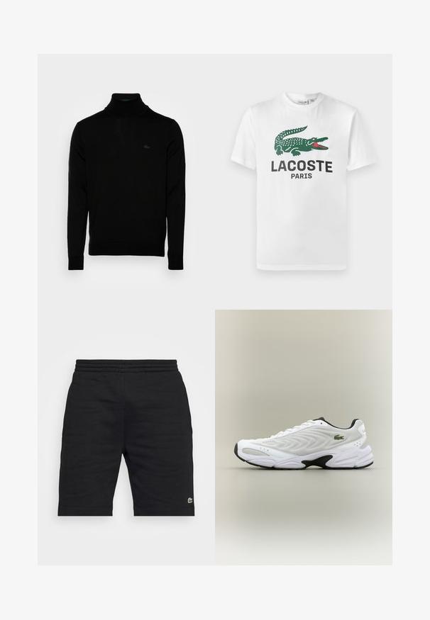 Sort turtleneck sweater, ribbet tekstur, lange ærmer, tætsiddende design, diskret Lacoste-logo på brystet, materialet er af mellemvægtigt strik.; Lacoste T-shirts print - white; Sorte bomulds shorts med elastisk talje og et lille grønt logo som accent. Har en lige snit og en glat tekstur.; Hvide atletiske sko med tekstureret mesh-overdel, buet design og kontrasterende sort ydersål. Har en grøn broderet logo på siden.