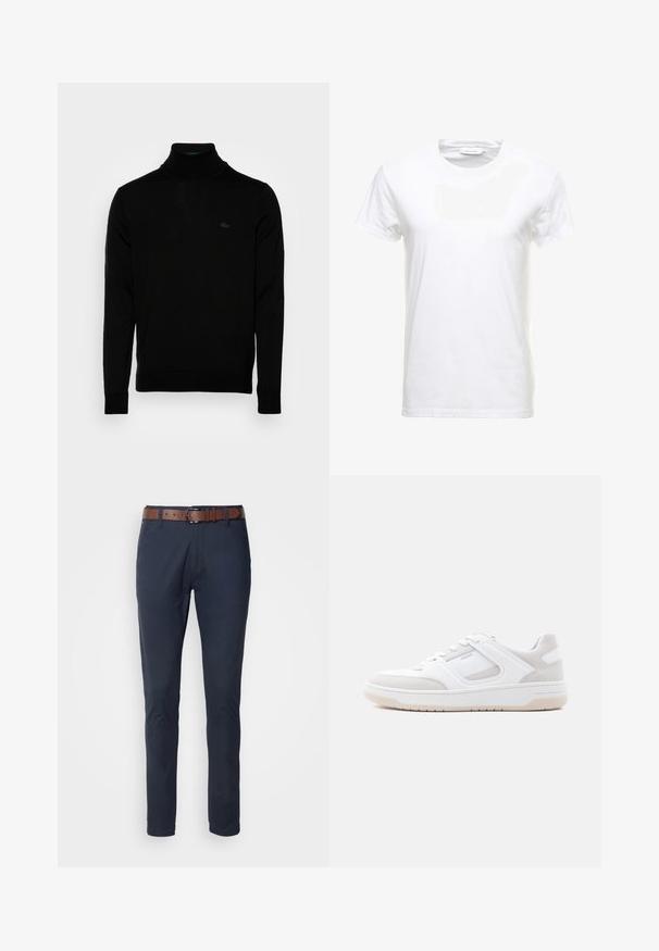 Zwarte coltrui, geribbelde textuur, lange mouwen, figure-hugging ontwerp, subtiele Lacoste-logo op de borst, middeldikte gebreid materiaal.; Witte katoenen T-shirt met korte mouwen, ronde halsontwerp en een gladde textuur. Label zichtbaar bij de halslijn. Eenvoudige en klassieke stijl.; Marineblauwe katoenen broek met een slim fit, voorzien van een bruine leren riem, vier zakken en een gladde textuur. Minimalistisch ontwerp zonder patronen.; Lage witte en lichtbeige sneaker met vetersluiting, gevoerde kraag en rubberen zool op een effen lichte achtergrond.