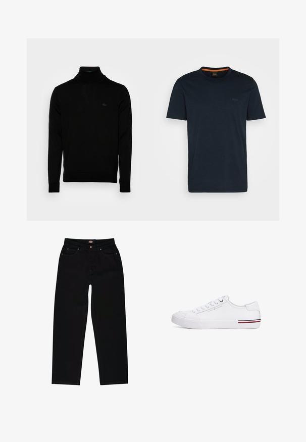 Zwarte coltrui, geribbelde textuur, lange mouwen, figure-hugging ontwerp, subtiele Lacoste-logo op de borst, middeldikte gebreid materiaal.; Navyblauwe t-shirt met korte mouwen van zachte katoenstof, voorzien van een ronde hals en een subtiele "BOSS" logo op de linkerborst. Oranje accent aan de binnenkant.; Zwarte denim jeans met een rechte pasvorm, voorzien van vijf zakken, bruine stiksels en een ritssluiting. Laatste textuur en duurzaam materiaal.; Witte sneaker met een glad bovenwerk van synthetisch materiaal, een ronde neus, gevlochten voorkant en logodetail. Beschikt over een meerkleurige gestreepte accent op de zool.