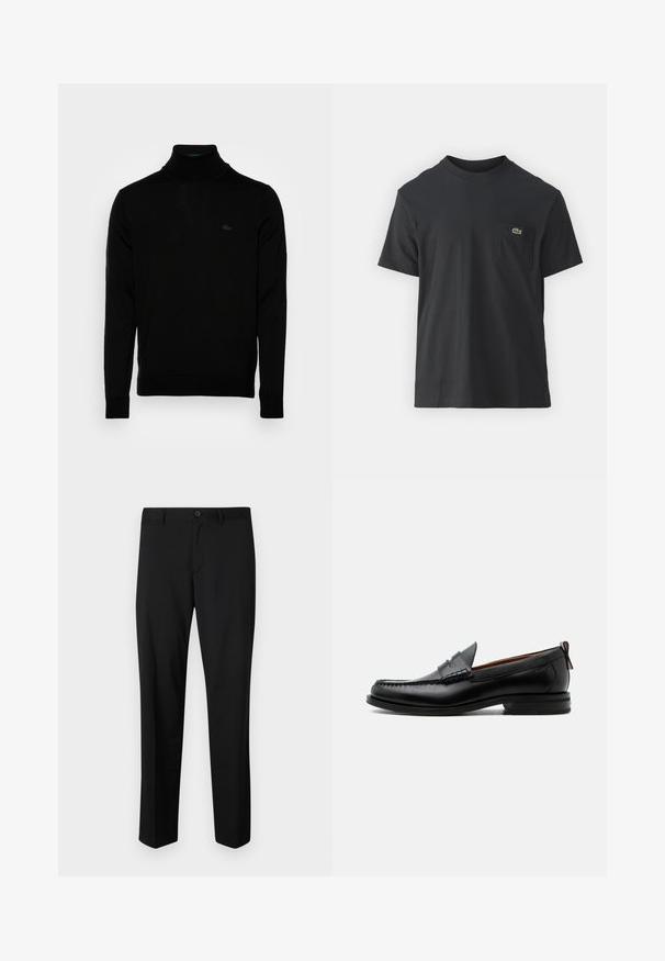 Čierny rolák, rebrovaná textúra, dlhé rukávy, priliehavý strih, diskrétne logo Lacoste na hrudi, stredne ťažký pletený materiál.; Čierne bavlnené tričko s krátkymi rukávmi, okrúhlym výstrihom a malým zeleným logom na ľavej náprsnej kapsičke. Jednoduchý dizajn, bežný strih.; Čierne elegantné nohavice s hladkým predným dielom, štandardným pásom a priamymi nohavicami. Vyrobené z hladkej tkaniny, s jedným gombíkom na zapínanie.; Čierny kožený pánsky mokasín s prešitím moc toe, penny remienkom, textúrovaným golierom a nízkym vrstveným podpätkom na bielom pozadí.