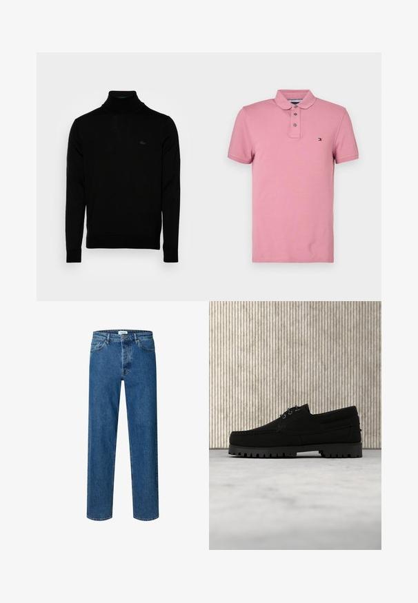 Sort turtleneck sweater, ribbet tekstur, lange ærmer, tætsiddende design, diskret Lacoste-logo på brystet, materialet er af mellemvægtigt strik.; Lyserød polo-shirt lavet af blødt bomuld, med en to-knaps lukning, korte ærmer og et lille logo på brystet. Glat tekstur.; Blå straight-leg denim jeans med knap- og lynlåslukning, bæltestropper og fem-lomme-design.; Sort snørestøvle med tyk rilled sål, der svæver over beige tæppe, brun moderne rundt bord i blødt oplyst rum i baggrunden.