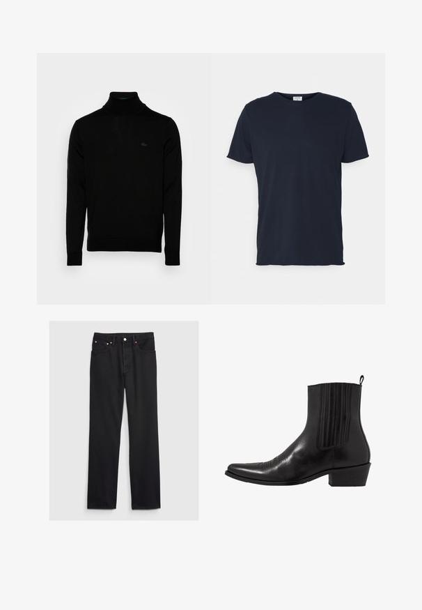 Čierny rolák, rebrovaná textúra, dlhé rukávy, priliehavý strih, diskrétne logo Lacoste na hrudi, stredne ťažký pletený materiál.; Námornícky modré bavlnené tričko s okrúhlym výstrihom a krátkymi rukávmi, s hladkou textúrou a jednoduchým dizajnom, bez viditeľných vzorov alebo akcentov.; GAP 90S LOOSE - Džínsy široké - black; Čierne kožené členkové topánky s špičatou špičkou, elastickými bočnými panelmi, vertikálnymi švami a nízkym blokovým podpätkom.