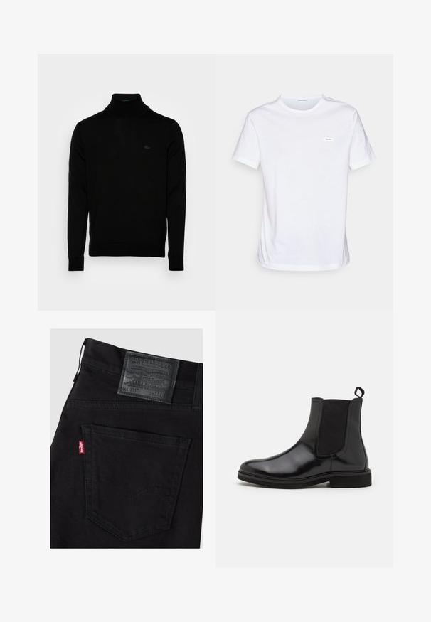 Zwarte coltrui, geribbelde textuur, lange mouwen, figure-hugging ontwerp, subtiele Lacoste-logo op de borst, middeldikte gebreid materiaal.; Witte katoenen t-shirt met korte mouwen, ronde hals, en een klein merklabel op de borst. Gladde textuur en minimalistisch ontwerp.; Zwarte Levi's jeans met zichtbare rechter achterzak voorzien van een rood Levi's label en een zwart leren merkpatch met maat W32 L.; Zwarte Chelsea boots van glanzend leer, met elastische zijpanelen, een trekhaak en een platte rubberen zool.