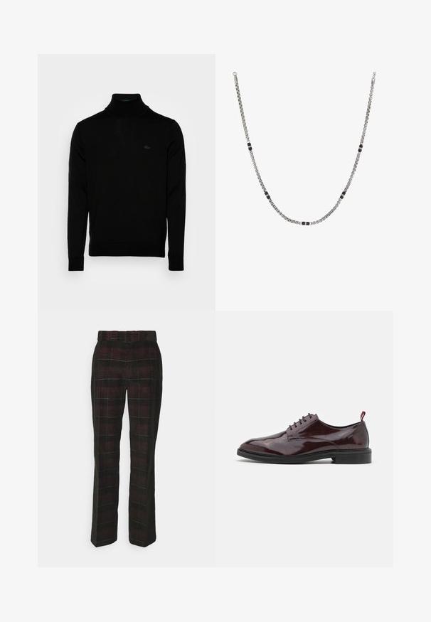 Sort turtleneck sweater, ribbet tekstur, lange ærmer, tætsiddende design, diskret Lacoste-logo på brystet, materialet er af mellemvægtigt strik.; Dickies ALMA PANT - Bukser - black/brown; Burgunderfarvede lædersko med højglans, rund tå, snørebåndsdesign og en kontrasterende sort sål. Har en rød hælklap.; Sølv kædedesign med skiftende sektioner af solid sorte accenter. Har en glat, poleret finish og et let design.