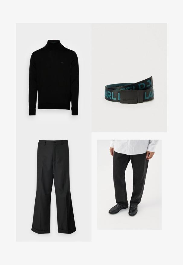 Suéter negro de cuello alto, textura acanalada, mangas largas, diseño ajustado, sutil logo de Lacoste en el pecho, material de punto de peso medio.; Pantalones anchos negros con cintura abotonada y dobladillos con puños, exhibidos sobre un fondo blanco liso.; Pantalones de mezclilla negros combinados con mocasines negros brillantes. La camisa es blanca con finas rayas verticales, de mangas largas y con cuello abotonado.; Cinturón de tela con base negra y texto de logotipo en turquesa. Incluye una hebilla metálica negra con el logotipo grabado, diseño plano y ajustable.