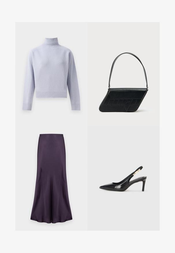 Lys lilla ribbet turtleneck sweater med lange ærmer og en cropped afslutning, vist på en hvid baggrund.; Lilla satin nederdel med en flæseforret, der har en glat tekstur og en tætsiddende talje. Designet til en strømlinet, flydende silhuet.; Sort læder slingback højhælede sko med spidse tæer, glat overflade og en smal ankelrem med guldfarvede hardware detaljer.; Sort skuldertaske i læder med trekantet form, præget logo og en enkelt justerbar rem. Minimalistisk design med glat tekstur.