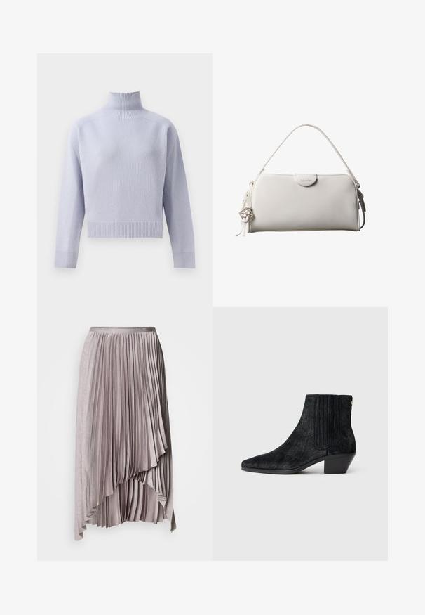 Lys lilla ribbet turtleneck sweater med lange ærmer og en cropped afslutning, vist på en hvid baggrund.; Lys mauve asymmetrisk plisseret nederdel med satinlinning og lagdelt, faldende kantdetalje mod en ensfarvet baggrund.; Sort ankelstøvle med spidse tæer, tekstureret håragtigt materiale, ribbet sidepanel og en lav, firkantet hæl. Simpelt og moderne design.; Hvid rektangulær Calvin Klein håndtaske med enkelt håndtag, minimalistisk design og dekorative kvaster med geometrisk metalvedhæng på siden.