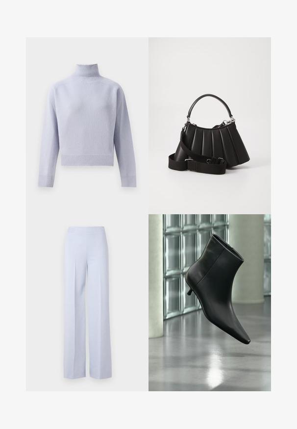 Lys lilla ribbet turtleneck sweater med lange ærmer og en cropped afslutning, vist på en hvid baggrund.; Lyseblå bredbugede bukser lavet af blødt stof, med en høj talje og frontfolder for ekstra strukturer.; Sort læderankelstøvle med spids tå og lav kitten-hæ, vist vinklet mod en poleret gulv- og glasblokvæg.; Sort plisseret handbag med et rundet håndtag, justerbar rem og blank overflade. Har sølvfarvet hardware og en struktureret silhuet.