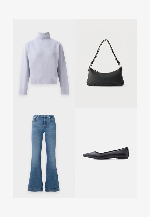 Lichtpaars geribd coltrui met lange mouwen en een kortere zoom, weergegeven op een witte achtergrond.; Blauwe flared jeans van denim, met een hoge taille, vijf zakken en subtiele vervaging, met zichtbare stikseldetails.; Zwarte platte leren schoen met puntige neus en lage hak, zijaanzicht tegen een witte achtergrond.; Zwarte lederen schoudertas met een gebogen rechthoekige vorm, gouden ketting verweven in een gevlochten zwarte band, en een ritssluiting bovenop.