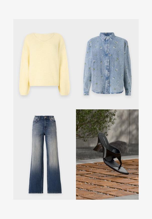 JDY Knitted JDYDINEA Knitted - Strickpullover - pastel yellow; Helles blaues Denim-Hemd mit Button-Down-Kragen, verziert mit verstreuten floralem Stickereien in Grün und Rosa. Klassischer Schnitt, lange Ärmel.; Hochtaillierte, weit geschnittene Jeans in hellblau bis dunkelblauem Denim mit Ausbleichungen, ausgestattet mit einem Knopfverschluss und Gürtelschlaufen. Sauberer Saum und keine sichtbaren Verzierungen.; Schwarze Calvin Klein Riemchensandale mit Absatz, schwebend über einer gefliesten Außenfläche mit Grünpflanzen und einer Betonwand im Hintergrund.