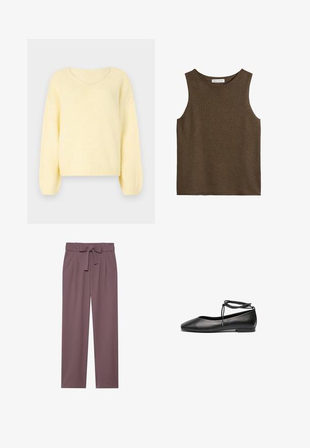 JDY Knitted JDYDINEA Knitted - Strickpullover - pastel yellow; Ärmellose, gestrickte braune Pulloverweste mit rundem Ausschnitt und Marc O'Polo-Label am Kragen, flach auf weißem Hintergrund liegend.; Weinrote, weite Hosen mit einem taillierten Bund, gefaltetem Vorderteil und glatter Textur. Sie verfügen über Taschen an den Seiten und ein maßgeschneidertes Design.; Schwarze Leder-Ballerinas mit spitzem Zehenbereich, flachem Absatz und einer gewickelten Schnürung am Knöchel. Glatte Oberfläche, minimalistisches Design.