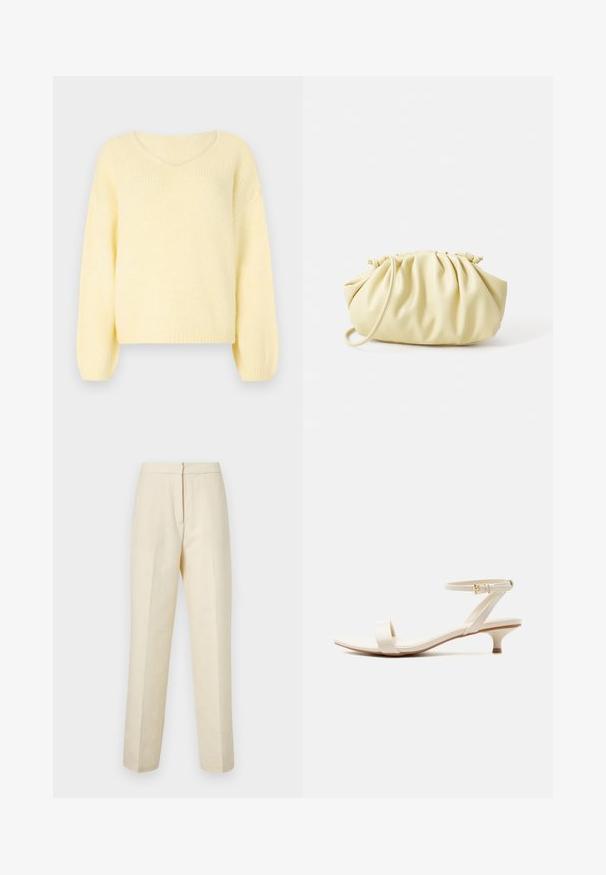 JDY Knitted JDYDINEA Knitted - Trui - pastel yellow; Lichte crème tailored broek met een textuur van bloemmotief, met een rechte pijp en een schone tailleband met een achtersluiting.; Beige sandaal met lage hak, voorzien van een enkele teenriem en een verstelbare enkelriem met een kleine gouden gesp, op een witte achtergrond.; Geel geplooide handtas van soepel nepleer, met een zachte vorm, een enkele schouderriem en een verzameld ontwerp aan de bovenkant.