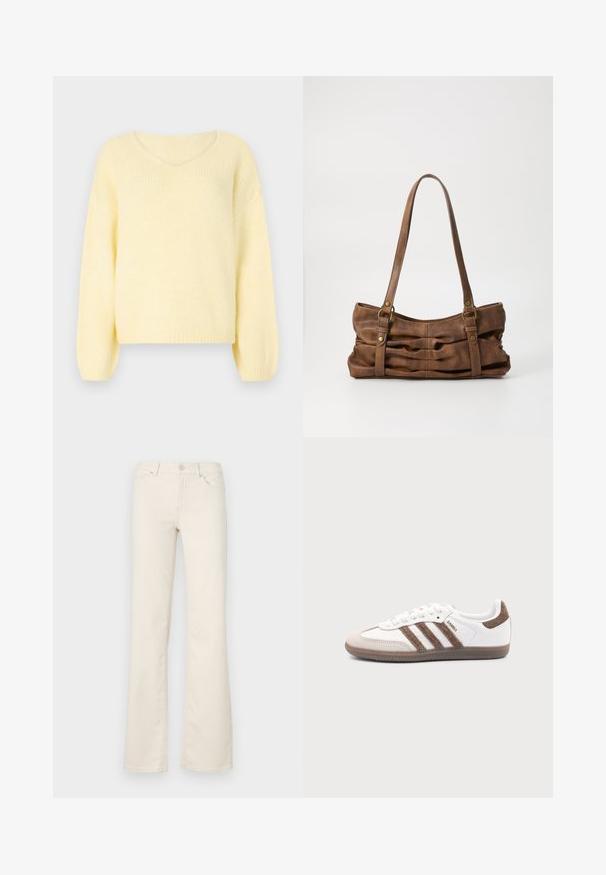 JDY Knitted JDYDINEA Knitted - Jersey de punto - pastel yellow; Pantalones acampanados beige de mezcla de algodón, con bolsillos estándar, cierre de botón en la parte frontal y detalles de costura a lo largo de las costuras.; Zapatilla blanca Adidas Samba con franjas de ante marrón, suela de goma marrón y puntera de ante beige, vista desde el lado exterior sobre un fondo liso.; Even&Odd Bolso de mano - brown