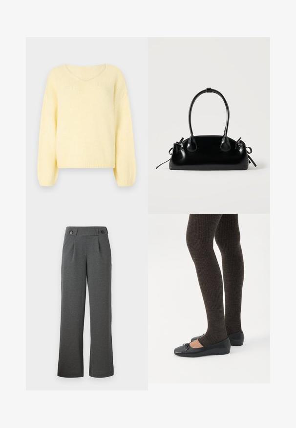 JDY Knitted JDYDINEA Knitted - Striktrøje - pastel yellow; Grå brede bukser lavet af struktureret stof, med høj talje, frontfolder og to knapper i taljen.; Ben iført mørke ribbede leggings kombineret med sorte balletsko med små sløjfedetaljer på hvid baggrund.; Lille sort blank håndtaske med to lange håndtag og snøre-detaljer i siden på en ensfarvet lys baggrund.