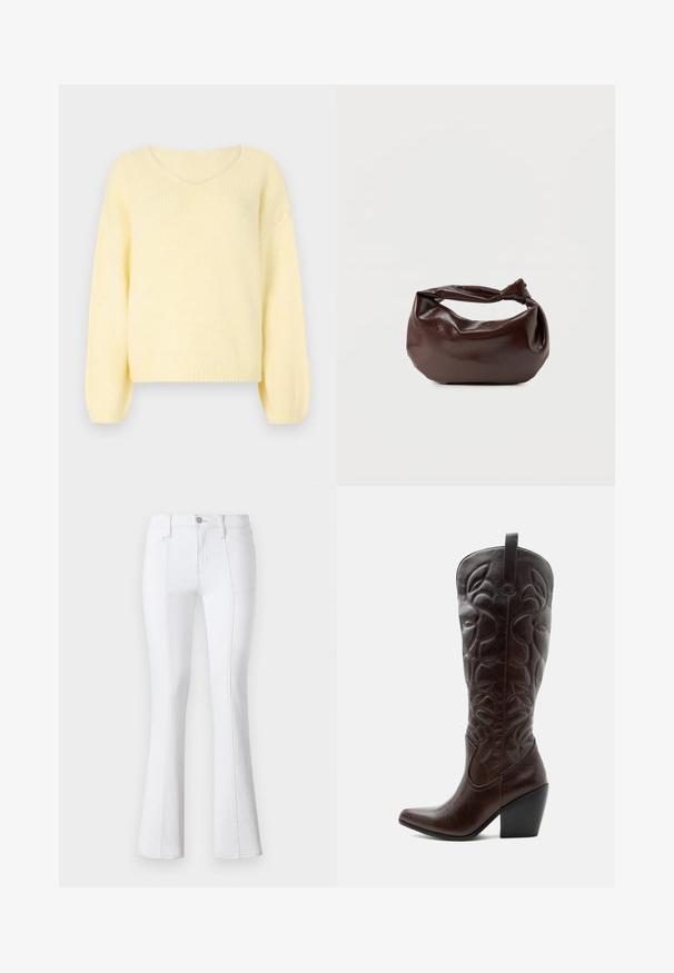 JDY Knitted JDYDINEA Knitted - Striktrøje - pastel yellow; Hvide denim flare jeans med høj talje, der har kontrastsyninger, forlommer og lynlås. Glat, holdbart stof med god tekstur.; Høj mørkebrun læder cowboystøvle med syede dekorative mønstre, spids tå og stablet blokhæle.; Mørkebrun læder skuldertaske med en blød, afslappet form og et snoet knudehåndtag på en ensartet hvid baggrund.