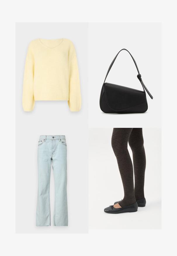 JDY Knitted JDYDINEA Knitted - Striktrøje - pastel yellow; Lyseblå denim jeans med en flagrende skæring, knaplukning, fem lomme-design og subtilt slid på stoffet. Rene, minimale syninger som fremhæver designet.; Ben iført mørke ribbede leggings kombineret med sorte balletsko med små sløjfedetaljer på hvid baggrund.; Sort læderhåndtaske med en triangular form, skrå klap og et rundt håndtag. Har en glat overflade og minimalistiske design detaljer.