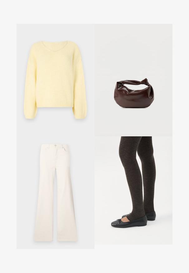 JDY JDYDINEA L/S REVERSIBLE PULLOV. KNT NOOS - Trui - pastel yellow; ONLY Wide-fit ONLMADISON High waist Wide Leg Fit - Wide leg - ecru; Benen met donkere geribbelde leggings gecombineerd met zwarte ballerina's met kleine strikdetails op een witte achtergrond.; Donkerbruine leren schoudertas met een zachte, slungelige vorm en een gedraaide knoopvormige handgreep op een effen witte achtergrond.