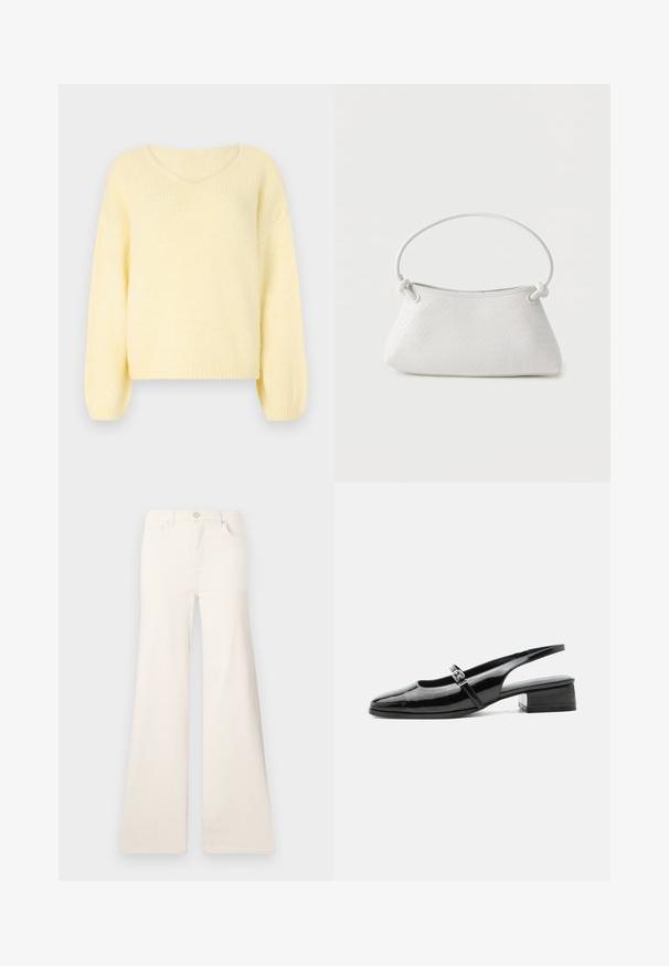 JDY JDYDINEA L/S REVERSIBLE PULLOV. KNT NOOS - Striktrøje - pastel yellow; ONLY Wide-fit ONLMADISON High waist Wide Leg Fit - Wide leg - ecru; Sort laklæderslingback-sko med lav blokhæl og tynd rem med sølvspænde over toppen.; Hvid fletlæderhåndtaske med afrundet håndtag og ender på remmen, der er knyttet, vist mod en ensfarvet baggrund.