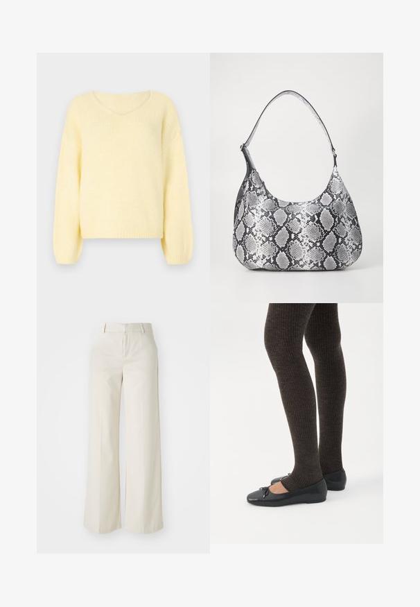 JDY JDYDINEA L/S REVERSIBLE PULLOV. KNT NOOS - Striktrøje - pastel yellow; Bredde ben-bukser i en lys beige farve, lavet af et glat stof. Har en klassisk talje og flad front med rene linjer.; Ben iført mørke ribbede leggings kombineret med sorte balletsko med små sløjfedetaljer på hvid baggrund.; Sort-hvid slangemønster skuldertaske med en rund form, glat tekstur og en buet rem. Har et sølvfarvet hardware-accents.