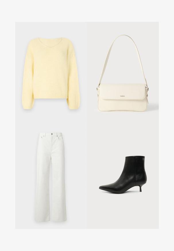 JDY JDYDINEA L/S REVERSIBLE PULLOV. KNT NOOS - Striktrøje - pastel yellow; Samsøe Samsøe SHELLY - Jeans Relaxed Fit - clear cream; Sort læder ankelstøvle med spids tå og lav kitten hæl på lys baggrund, der viser yderside.; Cremefarvet læder skuldertaske med flaplukning, sølvfarvet beslag, en enkelt justerbar rem og diskrete logodetaljer.