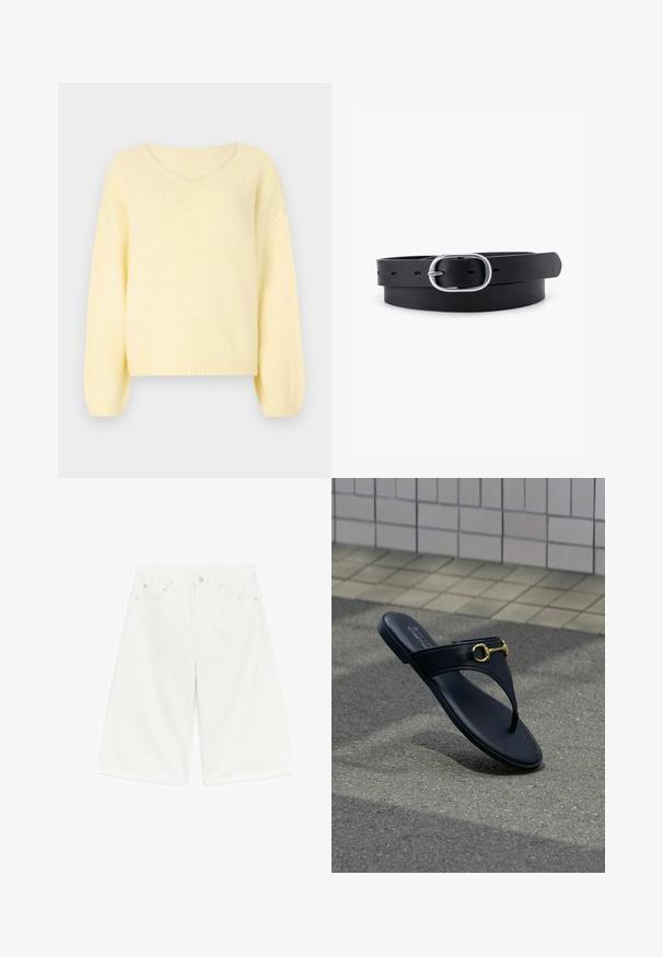 JDY Knitted JDYDINEA Knitted - Striktrøje - pastel yellow; Hvide knælange denimshorts med forlommer, bæltestropper og en knaplukning på en hvid baggrund.; Sort læder thongsandal med gyldent heste-bid detaljeret på asfaltbund og flisevæg i baggrunden.; Sort læderbælte med en glat overflade, oval sølvmetalspænde og flere justeringshuller langs stroppen. Flad, minimalistisk design.