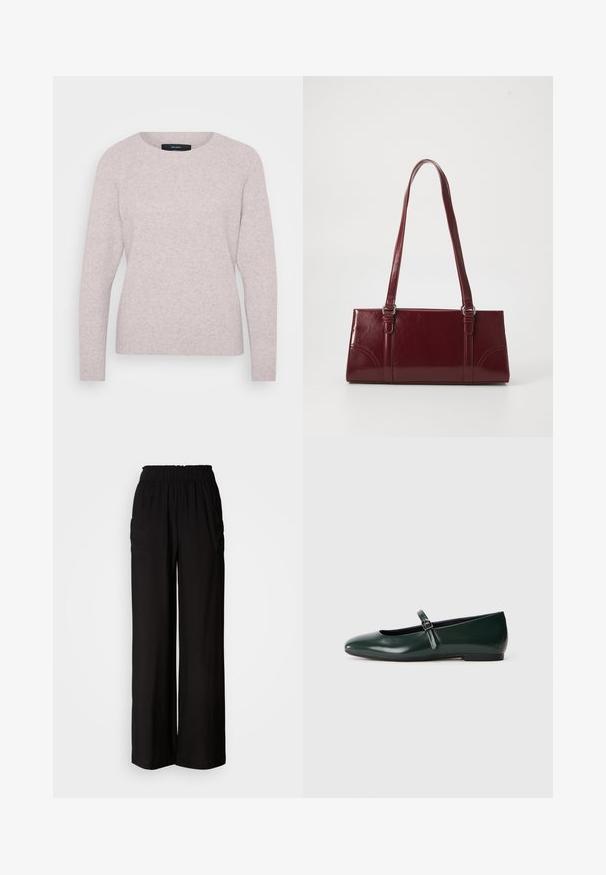Lys rosa sweater med rund hals, lange ærmer og ribbede manchetter. Blød tekstur med et subtilt meleret mønster.; Sorte bukser med vide ben og elastisk talje, to sidelommer og et letvægtsstof med en glat tekstur og løs pasform.; Mørkegrønne patentlæder flade sko med en enkelt tynd rem og en lille sølvspænde, der har en rund tå og lav hæl.; Bordeaux håndtaske lavet af glansfuldt materiale, rektangulær form, med to skulderremme og subtile buede detaljer på forsiden.