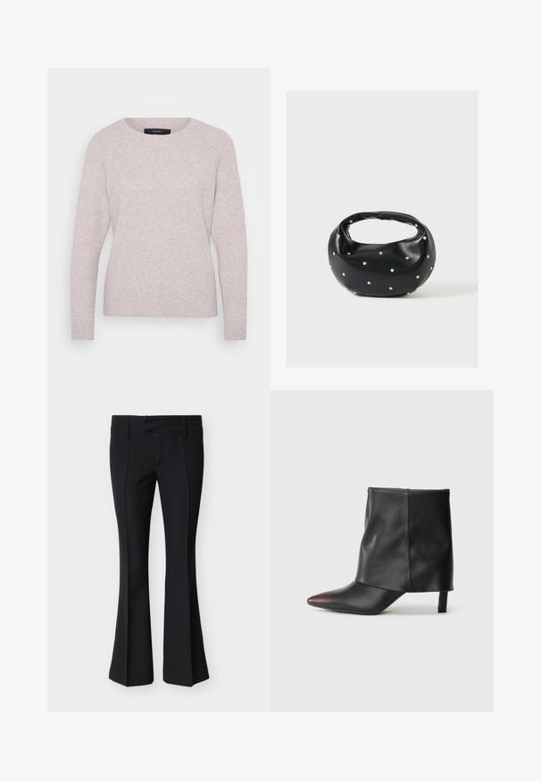 Suéter de color rosa claro con cuello redondo, mangas largas y puños acanalados. Textura suave con un sutil patrón jaspeado.; Pantalones acampanados negros hechos de una tela lisa y elástica. Presentan un corte entallado, delantero plano y sin herrajes visibles.; Botín negro de piel lisa con punta afilada y tacón cónico. La parte superior presenta un diseño ligeramente fruncido.; Bolso de mano de cuero negro con forma redondeada, decorado con detalles de tachuelas plateadas y un asa corta. Textura lisa y cierre con cremallera.