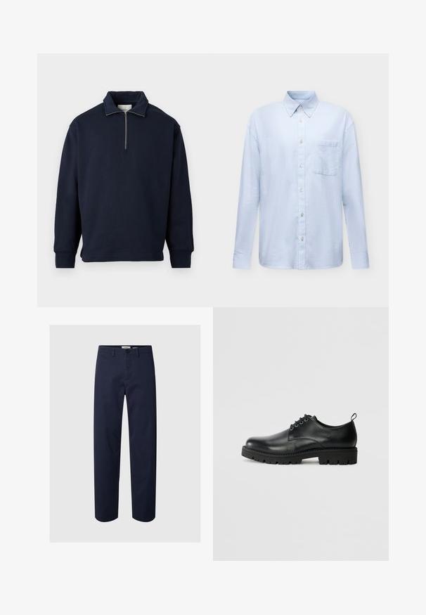 Navyblauwe pullover sweatshirt met een hoge kraag en een halve rits, gemaakt van zachte stof met lange mouwen en een ontspannen pasvorm.; Lichtblauw overhemd met lange mouwen, knopen, een borstzak aan de voorkant en een knoopkraag op een effen witte achtergrond.; Navyblauwe broek met rechte pijpen, knoop- en ritssluiting, riemlussen en zijzakken op een effen achtergrond.; Zwarte lederen schoen met een ronde neus, voorzien van een vetersluiting, stevige zwarte rubberen zool en een klein hieltabje aan de achterkant.
