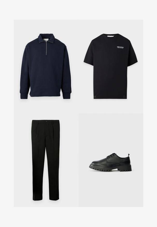 Navyblauwe pullover sweatshirt met een hoge kraag en een halve rits, gemaakt van zachte stof met lange mouwen en een ontspannen pasvorm.; Zwart T-shirt met korte mouwen met witte "Urban Heritage" tekst en kleine slogan op de bovenste linkerborst, ronde hals.; Zwarte op maat gemaakte broek met een vlakke voorkant, twee plooien, een knoopsluiting, zijzakken en een rechte pijp. Gemaakt van een gladde stof.; Zwarte leren veterschoenen met een ronde neus, een gestructureerd oppervlak en een chunky rubberen zool met diepe profielen voor grip.