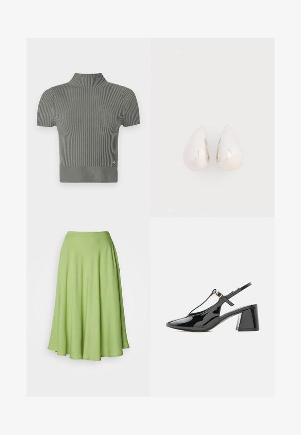 Haut ajusté à manches courtes en tricot côtelé, d'un doux gris. Caractéristiques : col haut et petit logo près de l'ourlet.; Jupe midi en forme A en tissu vert vif. Texture lisse avec une taille large et une silhouette fluide.; Chaussure slingback en cuir verni noir à petit talon, bout pointu et bride en T avec une petite boucle dorée.; Boucles d'oreilles en métal argenté en forme de goutte, avec une surface lisse et réfléchissante, présentant un design sans couture et sans embellissements visibles.