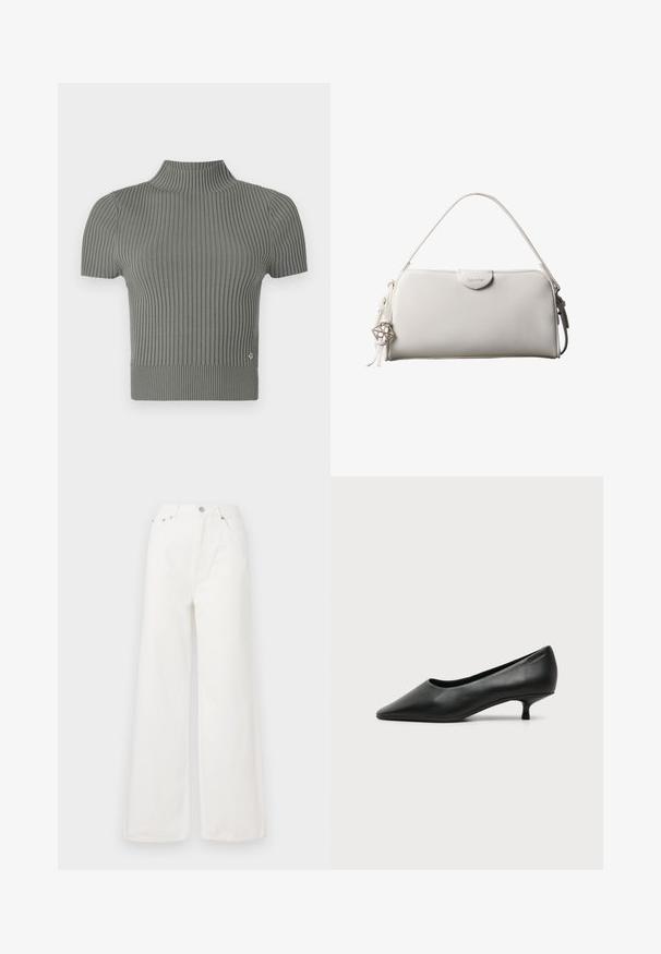 Haut ajusté à manches courtes en tricot côtelé, d'un doux gris. Caractéristiques : col haut et petit logo près de l'ourlet.; Jeans large à taille haute blancs en denim. Comprend des poches avant, une fermeture à bouton et des détails d'ourlet effiloché.; Escarpin femme en cuir noir à petit talon, bout pointu et petit talon kitten sur fond clair uni.; Sac à main rectangulaire blanc Calvin Klein avec une seule poignée, design minimaliste et pampilles décoratives avec un charm métallique géométrique sur le côté.