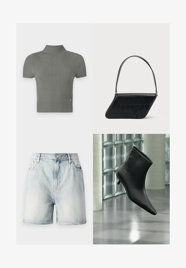 Haut ajusté à manches courtes en tricot côtelé, d'un doux gris. Caractéristiques : col haut et petit logo près de l'ourlet.; Shorts en denim bleu clair avec fermeture par bouton, cinq poches et une texture délavée. Coupe droite au design classique.; Bottine en cuir noir à bout pointu et petit talon kitten, présentée en angle devant un sol poli et un mur en blocs de verre.; Sac d'épaule en cuir noir de forme triangulaire, avec un logo embossé et une seule bandoulière réglable. Design minimaliste avec une texture lisse.