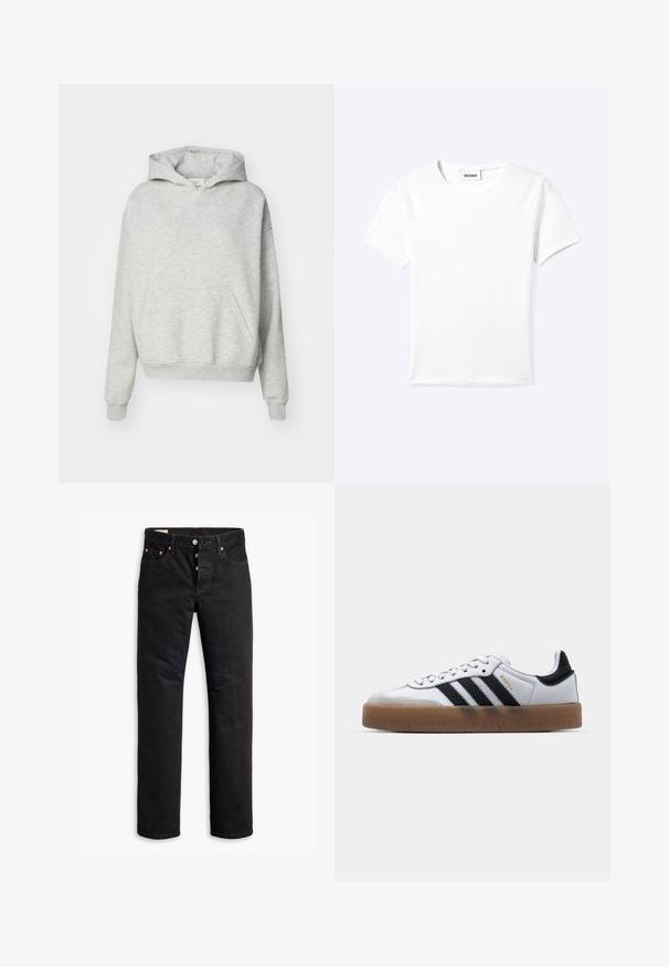Grijze hoodie met een voorzak, trekkoordkap en geribbelde manchetten. Gemaakt van zachte, gestructureerde stof en heeft een ontspannen pasvorm.; Effen wit T-shirt met korte mouwen en ronde hals met een klein "WEEKDAY" label aan de binnenkant van de hals, plat neergelegd op een lichte achtergrond.; Zwarte denim jeans met een rechte snit, vijf-pocket ontwerp en een knoopsluiting. Beschikt over koperen klinknagels en stikselaccenten.; Witte leren sneakers met zwarte strepen, gumrubberen buitenzool, ronde neus, vetersluiting en een zachte grijze suède neuskap.