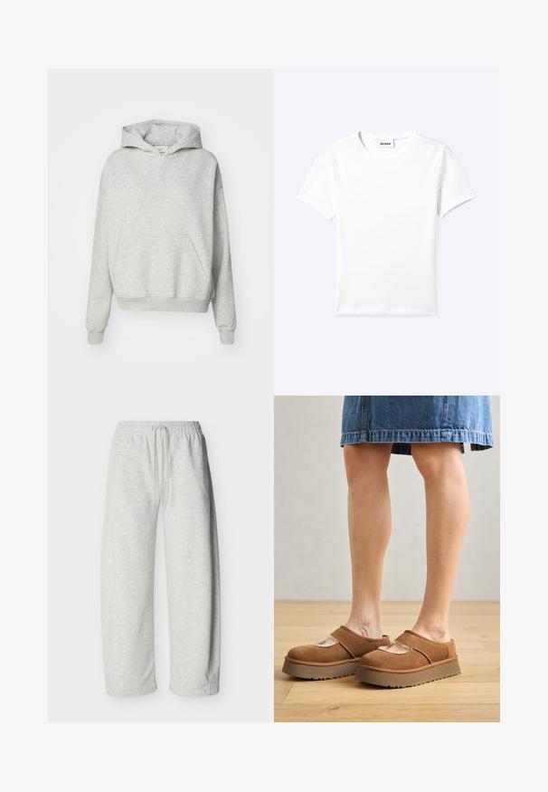 Sudadera gris con un bolsillo frontal, capucha con cordones y puños acanalados. Está hecha de una tela suave y texturizada y presenta un diseño de ajuste relajado.; Camiseta blanca lisa de manga corta con cuello redondo y una pequeña etiqueta "WEEKDAY" dentro del cuello, mostrada extendida sobre un fondo claro.; Pantalones deportivos gris claro con cintura elástica y cordón, corte recto, diseño sencillo.; Zapatos de plataforma de ante marrón con punta redonda, detalles recortados y una suela resistente, acompañados de una falda de mezclilla en un entorno de suelo de madera.