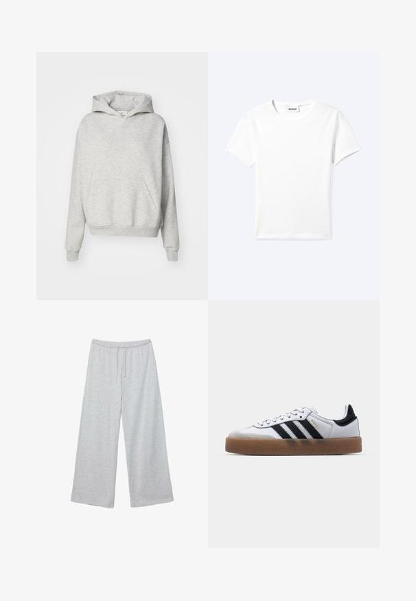 Sweat à capuche gris avec une poche avant, capuche à cordon et poignets côtelés. Fabriqué en tissu doux et texturé, il présente un design à coupe décontractée.; T-shirt blanc uni à manches courtes et col rond avec une petite étiquette "WEEKDAY" à l'intérieur de l'encolure, présenté à plat sur un fond clair.; Pantalon de survêtement gris clair à jambes larges avec taille élastique et fermeture à cordon de serrage à l'avant, en tissu doux.; Baskets en cuir blanc avec des rayures noires, semelle extérieure en caoutchouc beige, bout rond, fermeture lacée et embout en suède gris doux.