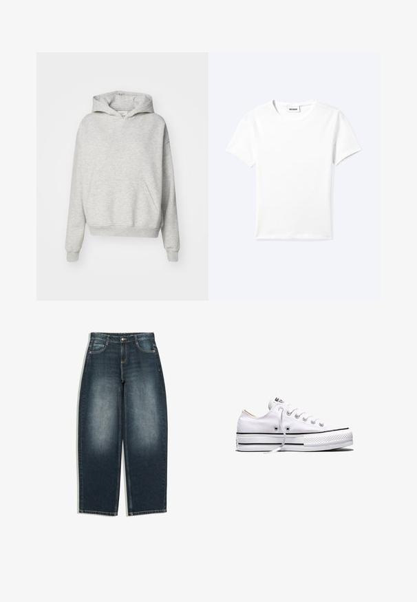 Grijze hoodie met een voorzak, trekkoordkap en geribbelde manchetten. Gemaakt van zachte, gestructureerde stof en heeft een ontspannen pasvorm.; Effen wit T-shirt met korte mouwen en ronde hals met een klein "WEEKDAY" label aan de binnenkant van de hals, plat neergelegd op een lichte achtergrond.; Donkerblauwe jeans met wijde pijpen en lichte vervaging op de voorkant van de dijen, vijf zakken, knoopsluiting en riemlussen, plat gelegd op een witte achtergrond.; Witte lage canvas sneaker met witte veters, zwarte strepen op de zool en een rubberen, getextureerde neuskap, zijaanzicht op een witte achtergrond.