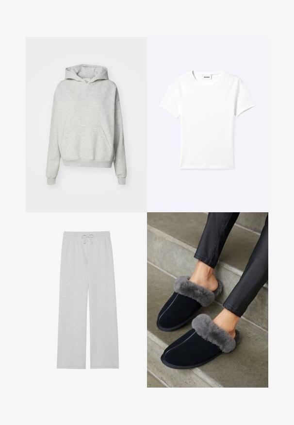 Sweat à capuche gris avec une poche avant, capuche à cordon et poignets côtelés. Fabriqué en tissu doux et texturé, il présente un design à coupe décontractée.; T-shirt blanc uni à manches courtes et col rond avec une petite étiquette "WEEKDAY" à l'intérieur de l'encolure, présenté à plat sur un fond clair.; Pantalons de survêtement gris clair en mélange de coton doux, dotés d'une coupe large, d'une taille élastique avec cordon de serrage ajustable, et sans poches.; Des chaussons en suède noir avec un col en fausse fourrure grise, à bout rond et couture contrastante. Texture douce et design à enfiler pour un port facile.
