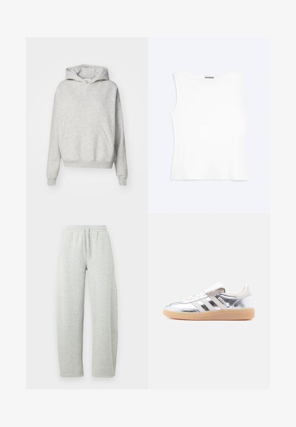 Sweat à capuche gris avec une poche avant, capuche à cordon et poignets côtelés. Fabriqué en tissu doux et texturé, il présente un design à coupe décontractée.; Débardeur blanc ajusté sans manches avec un col rond et un design minimaliste, étiqueté "WEEKDAY" à l'intérieur du col.; Pantalon de survêtement gris clair avec une ceinture élastique et un cordon de serrage. Le tissu présente une texture douce et des jambes droites et amples.; Baskets Adidas Spezial métalliques argentées avec des rayures blanches et une semelle en gomme, vues de profil gauche sur un fond blanc uni.