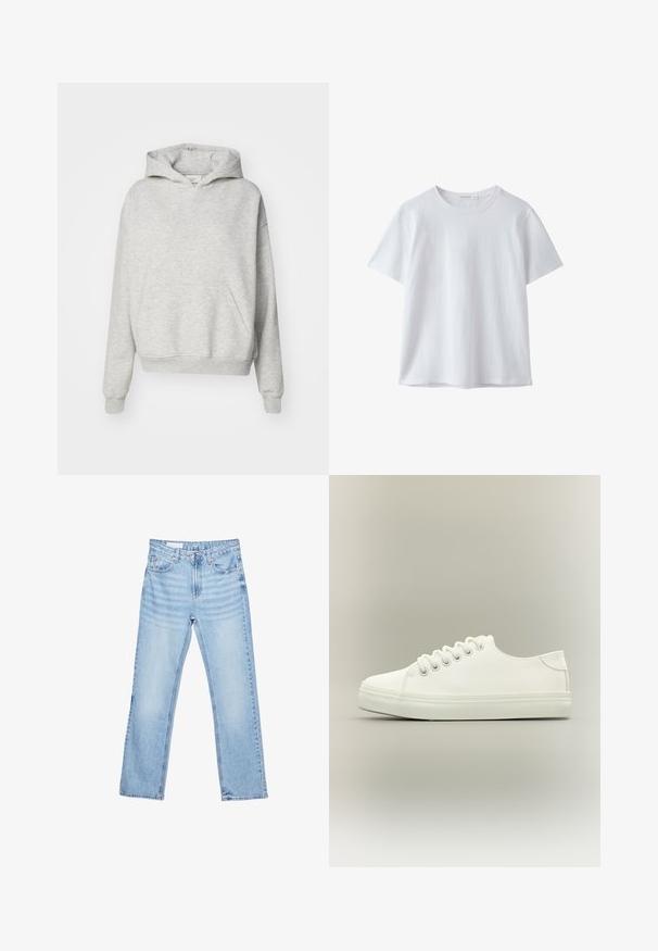 Sweat à capuche gris avec une poche avant, capuche à cordon et poignets côtelés. Fabriqué en tissu doux et texturé, il présente un design à coupe décontractée.; T-shirt blanc uni à manches courtes et col rond, en tissu doux, présenté sur fond blanc.; Jean en denim bleu clair à jambes droites avec poches avant, passants de ceinture et fermeture par bouton et zip, présenté à plat sur fond blanc.; Baskets basses blanches avec lacets blancs et semelle en caoutchouc, vues de côté sur un fond neutre.