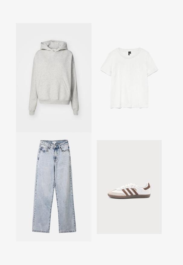 Grijze hoodie met een voorzak, trekkoordkap en geribbelde manchetten. Gemaakt van zachte, gestructureerde stof en heeft een ontspannen pasvorm.; Witte t-shirt met korte mouwen en een ronde hals, gemaakt van lichte stof. Eenvoudig ontwerp, gladde textuur en rechte zoom.; Lichtblauwe straight-leg jeans van denim, met twee voorkruimelzakken, een knoopsluiting en contrasterende stiksels langs de naden.; Witte Adidas Samba sneaker met bruine suède strepen, bruine suède neus en gumzool op een lichtgrijze achtergrond.