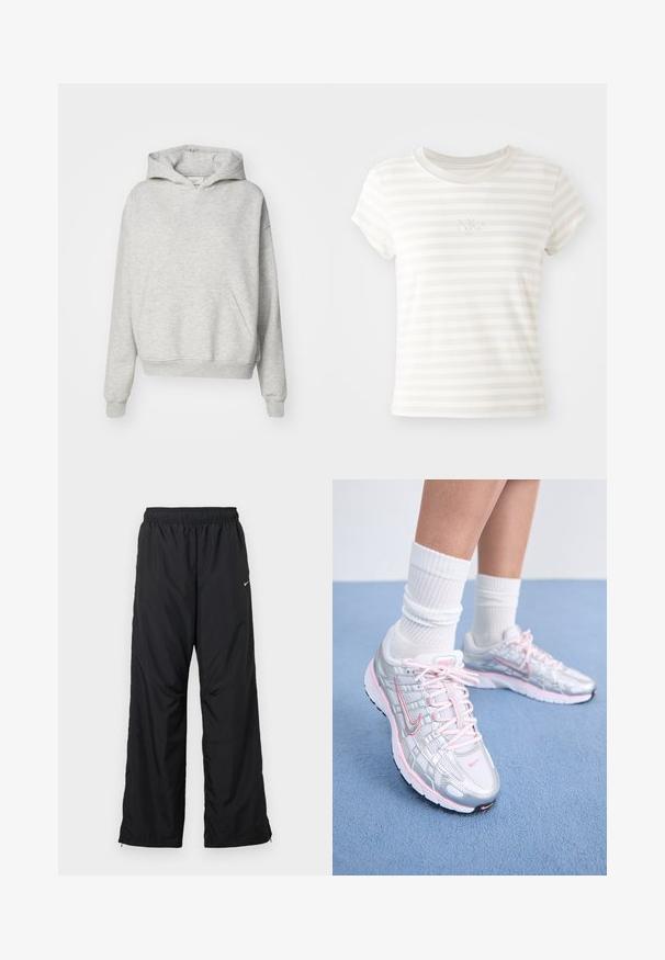 Sudadera gris con un bolsillo frontal, capucha con cordones y puños acanalados. Está hecha de una tela suave y texturizada y presenta un diseño de ajuste relajado.; Camiseta de tirantes cortos a rayas blancas, hecha de algodón suave. Presenta un cuello redondo y un pequeño logo de Nike bordado en el pecho.; Pantalones deportivos negros con cintura elástica, bolsillos laterales y corte holgado. Fabricados con tela ligera y suave con un sutil brillo.; Zapatillas de correr Nike con parte superior de malla plateada y detalles en rosa, cordones blancos y suela texturizada. Se llevan con calcetines deportivos de algodón blancos.