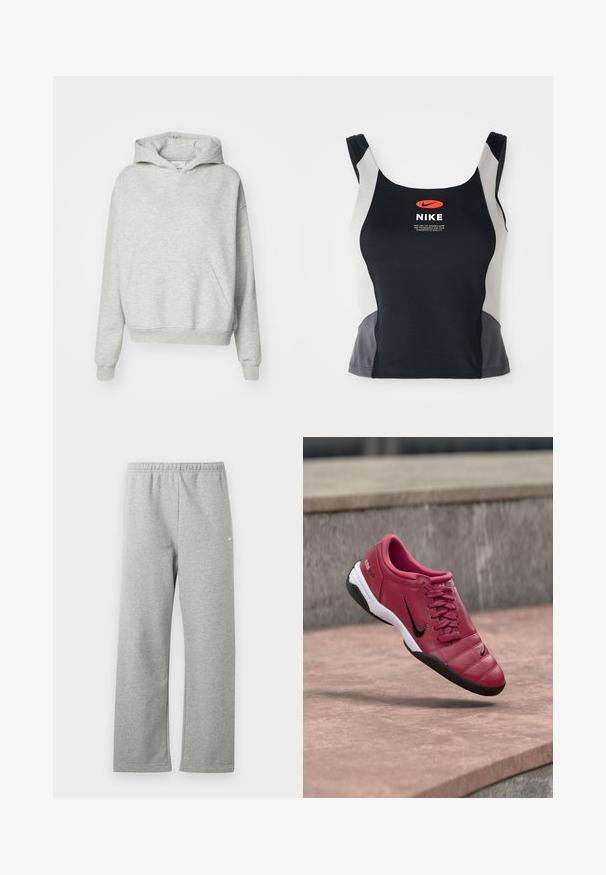 Grijze hoodie met een voorzak, trekkoordkap en geribbelde manchetten. Gemaakt van zachte, gestructureerde stof en heeft een ontspannen pasvorm.; Zwarte en grijze sporttanktop met een ronde hals, smalle banden en een centraal oranje Nike-logo op de voorkant gedrukt.; Lichtgrijze joggingbroek met elastische tailleband en een klein wit Nike-logo op het bovenbeen, plat liggend tegen een witte achtergrond.; Rode synthetische sportschoen met een quilted ontwerp, zwarte accenten en een witte zool. Bevat veters en een gevoerde kraag voor comfort.