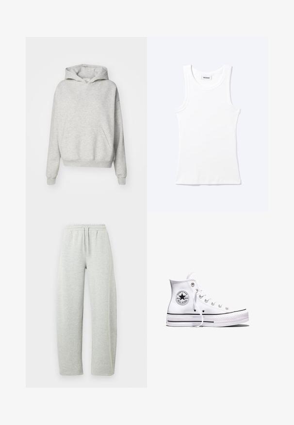 Sudadera gris con un bolsillo frontal, capucha con cordones y puños acanalados. Está hecha de una tela suave y texturizada y presenta un diseño de ajuste relajado.; Camiseta sin mangas blanca con textura de canalé, cuello redondo y una pequeña etiqueta que dice "WEEKDAY" en el interior del cuello.; Pantalones deportivos gris claro con cinturilla elástica y cordón ajustable. La tela presenta una textura suave y piernas rectas de corte holgado.; Zapatilla Converse Chuck Taylor All Star blanca de caña alta con rayas negras y parche de logo en el lateral, mostrada sobre un fondo blanco liso.