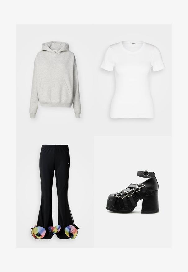 Sudadera gris con un bolsillo frontal, capucha con cordones y puños acanalados. Está hecha de una tela suave y texturizada y presenta un diseño de ajuste relajado.; Camiseta de algodón blanca con mangas cortas, cuello redondo y textura acanalada. Diseño ajustado con un acabado suave y limpio.; Pantalones deportivos negros con un diseño acampanado amplio. Cuenta con bajos coloridos y ondulados, y franjas blancas a los lados. Elaborados en tejido elástico.; Sandalia negra de tacón plataforma grueso con varias correas plateadas con hebilla y una correa en el tobillo con hebilla redonda.