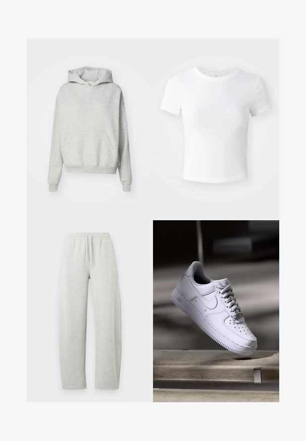 Sudadera gris con un bolsillo frontal, capucha con cordones y puños acanalados. Está hecha de una tela suave y texturizada y presenta un diseño de ajuste relajado.; Camiseta corta de manga corta blanca, con cuello redondo, exhibida sobre un fondo neutral claro.; Pantalones deportivos gris claro con cinturilla elástica y cordón ajustable. La tela presenta una textura suave y piernas rectas de corte holgado.; Zapatilla Nike Air Force 1 blanca levitando sobre una superficie de hormigón con sombras en un entorno minimalista.