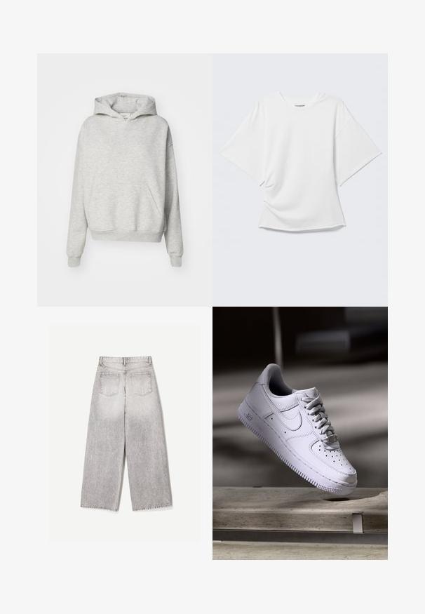 Grijze hoodie met een voorzak, trekkoordkap en geribbelde manchetten. Gemaakt van zachte, gestructureerde stof en heeft een ontspannen pasvorm.; Wit oversized T-shirt met korte mouwen en ronde hals, weergegeven op een lichtgrijze achtergrond.; Lichtgrijze wijd uitlopende jeans met hoge taille en twee achterzakken, gezien van achteren tegen een effen witte achtergrond.; Witte Nike Air Force 1 sneaker die zweeft boven een betonnen oppervlak met schaduwen in een minimalistische setting.