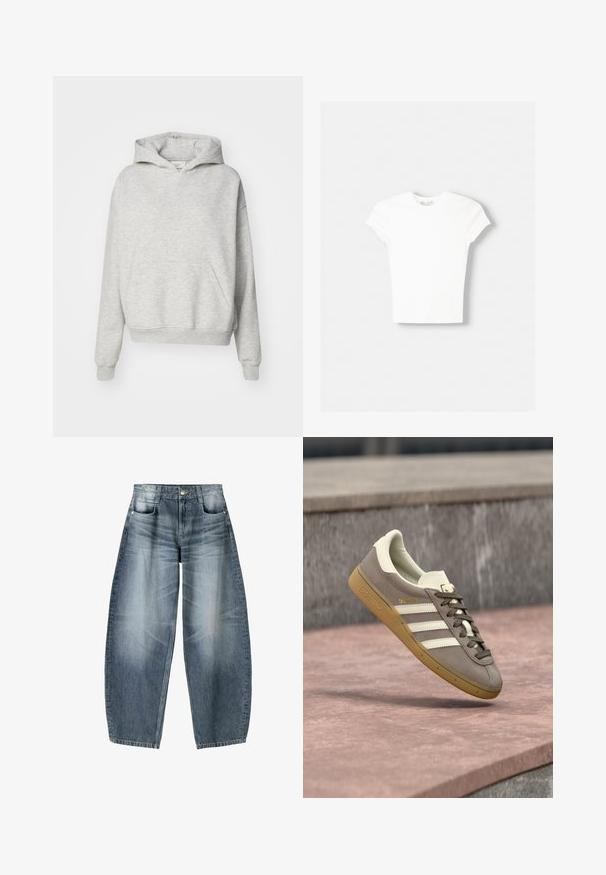 Sweat à capuche gris avec une poche avant, capuche à cordon et poignets côtelés. Fabriqué en tissu doux et texturé, il présente un design à coupe décontractée.; T-shirt blanc à manches courtes en coton doux, avec un col rond et une coupe ajustée. Pas de motifs ni d'ornements visibles.; Jean large en denim bleu clair avec décoloration, présentant un design à cinq poches, un bouton de fermeture et des détails de couture minimaux.; Baskets Adidas en suède marron clair avec des rayures blanches et une semelle gomme, suspendues au-dessus de marches en pierre rose en plein air.